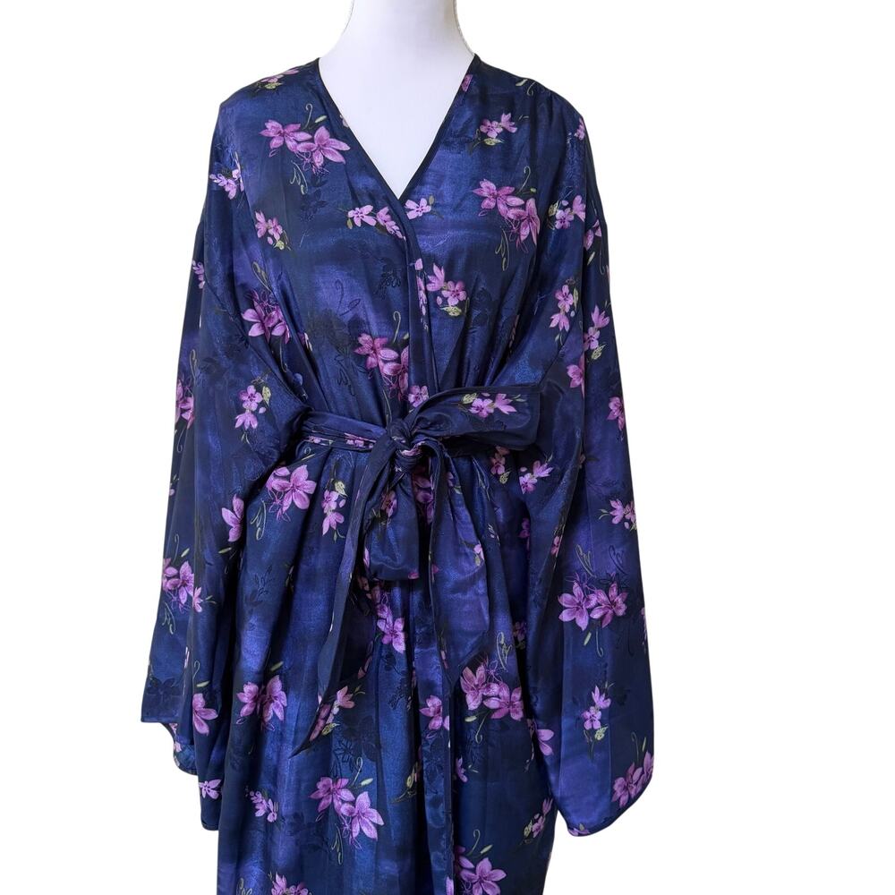 Vintage Valerie Stevens Maxi Floral Satin Kimono Robe Navy Purple Belted Size L